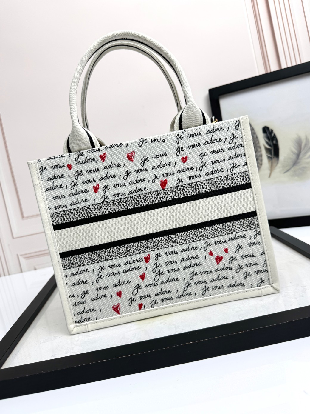 Small Dior Book Tote Bag White Embroidery with Black and Red Je Vous Adore Motif and White Calfskin